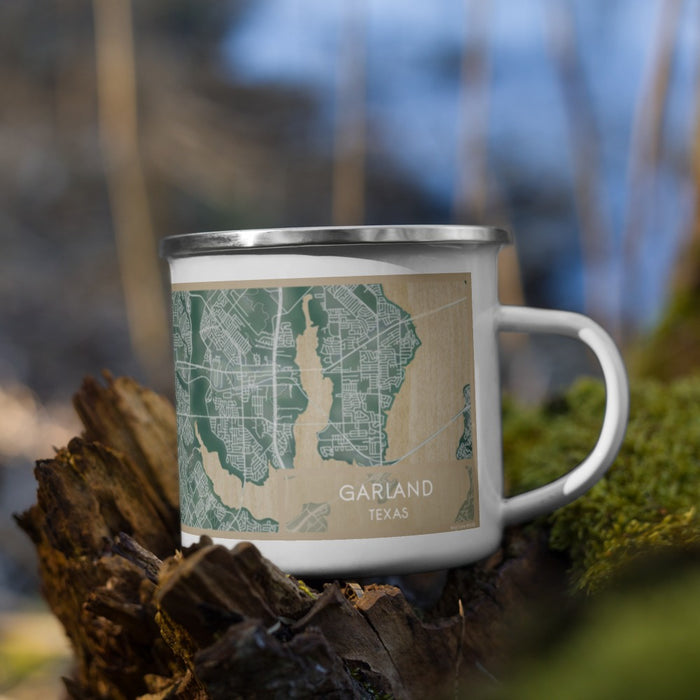 Right View Custom Garland Texas Map Enamel Mug in Afternoon on Grass With Trees in Background