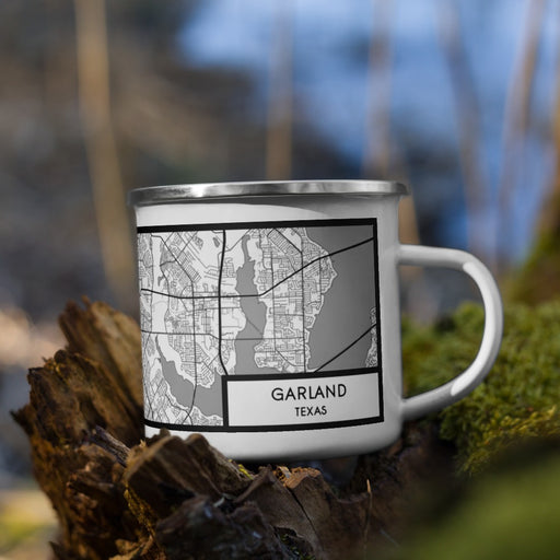 Right View Custom Garland Texas Map Enamel Mug in Classic on Grass With Trees in Background