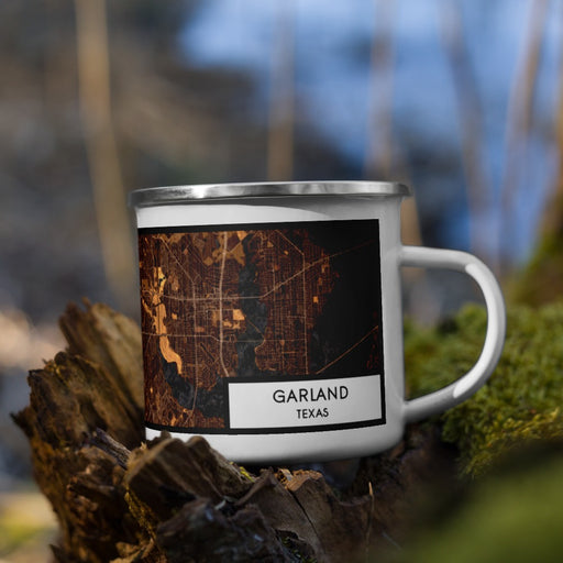 Right View Custom Garland Texas Map Enamel Mug in Ember on Grass With Trees in Background