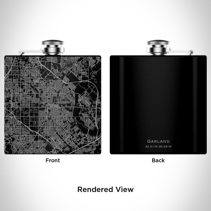 Rendered View of Garland Texas Map Engraving on 6oz Stainless Steel Flask in Black