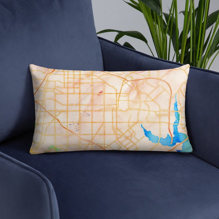 Custom Garland Texas Map Throw Pillow in Watercolor on Blue Colored Chair