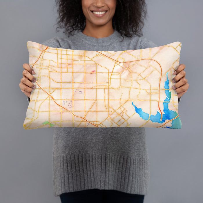 Person holding 20x12 Custom Garland Texas Map Throw Pillow in Watercolor