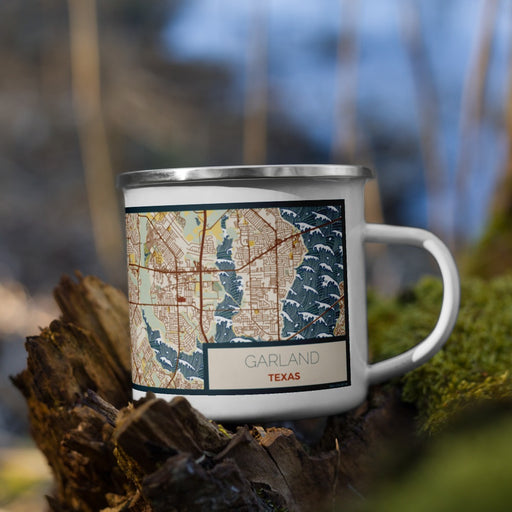 Right View Custom Garland Texas Map Enamel Mug in Woodblock on Grass With Trees in Background