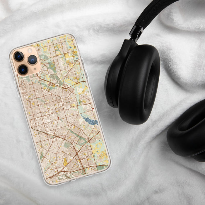 Custom Garland Texas Map Phone Case in Woodblock on Table with Black Headphones