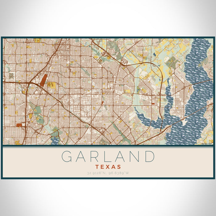 Garland Texas Map Print Landscape Orientation in Woodblock Style With Shaded Background