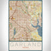 Garland Texas Map Print Portrait Orientation in Woodblock Style With Shaded Background
