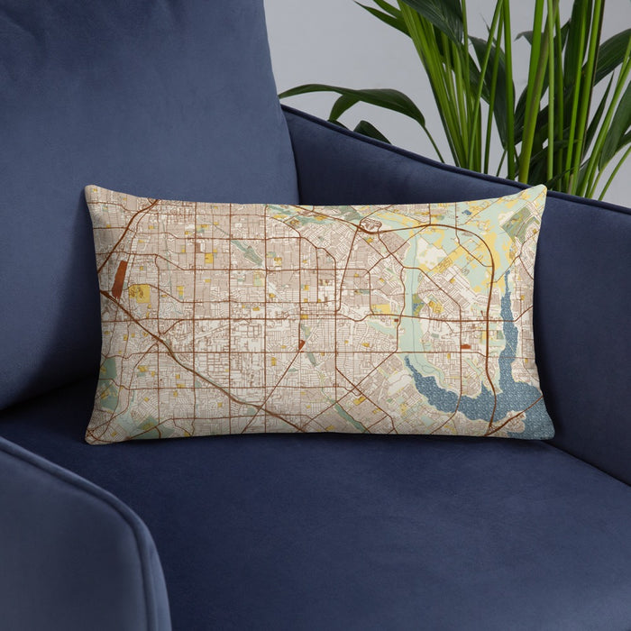 Custom Garland Texas Map Throw Pillow in Woodblock on Blue Colored Chair
