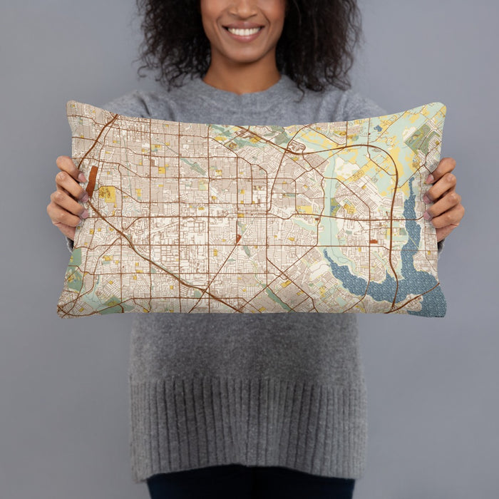 Person holding 20x12 Custom Garland Texas Map Throw Pillow in Woodblock
