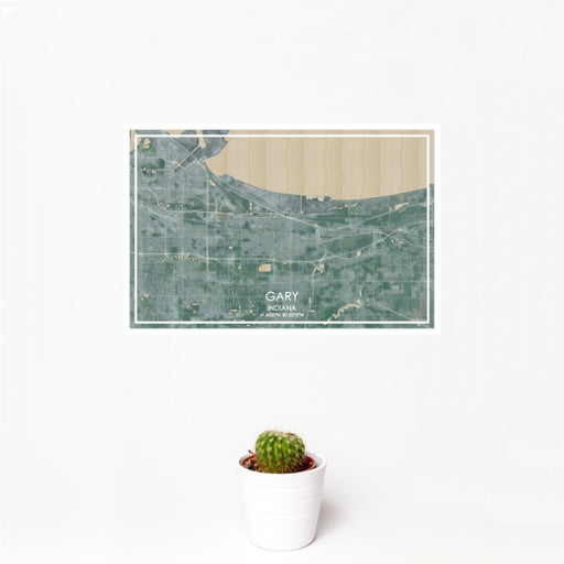 12x18 Gary Indiana Map Print Landscape Orientation in Afternoon Style With Small Cactus Plant in White Planter