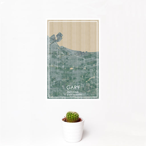 12x18 Gary Indiana Map Print Portrait Orientation in Afternoon Style With Small Cactus Plant in White Planter