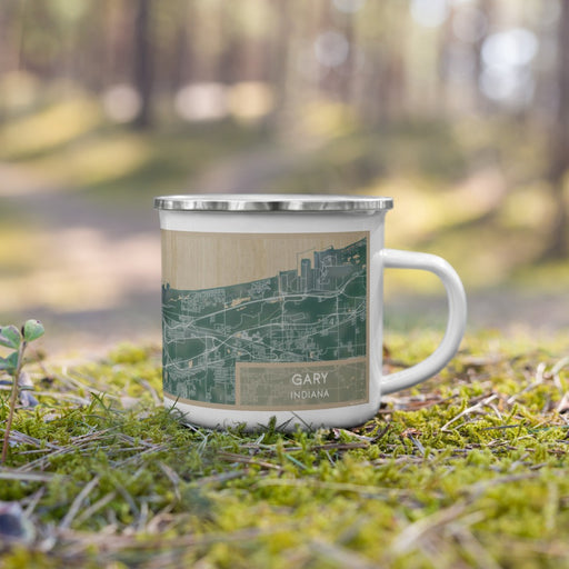 Right View Custom Gary Indiana Map Enamel Mug in Afternoon on Grass With Trees in Background
