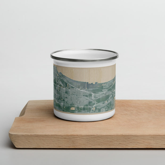 Front View Custom Gary Indiana Map Enamel Mug in Afternoon on Cutting Board