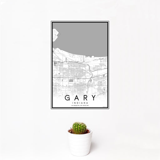 12x18 Gary Indiana Map Print Portrait Orientation in Classic Style With Small Cactus Plant in White Planter