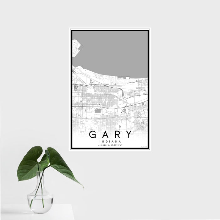 16x24 Gary Indiana Map Print Portrait Orientation in Classic Style With Tropical Plant Leaves in Water