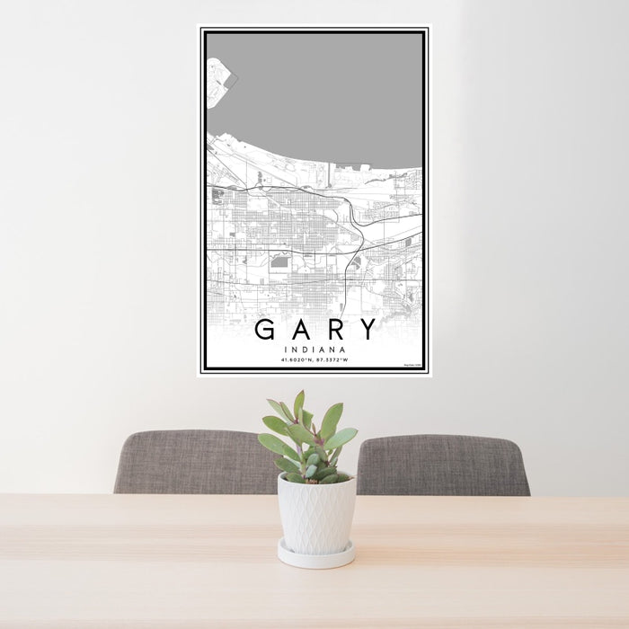 24x36 Gary Indiana Map Print Portrait Orientation in Classic Style Behind 2 Chairs Table and Potted Plant