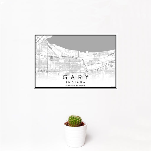 12x18 Gary Indiana Map Print Landscape Orientation in Classic Style With Small Cactus Plant in White Planter