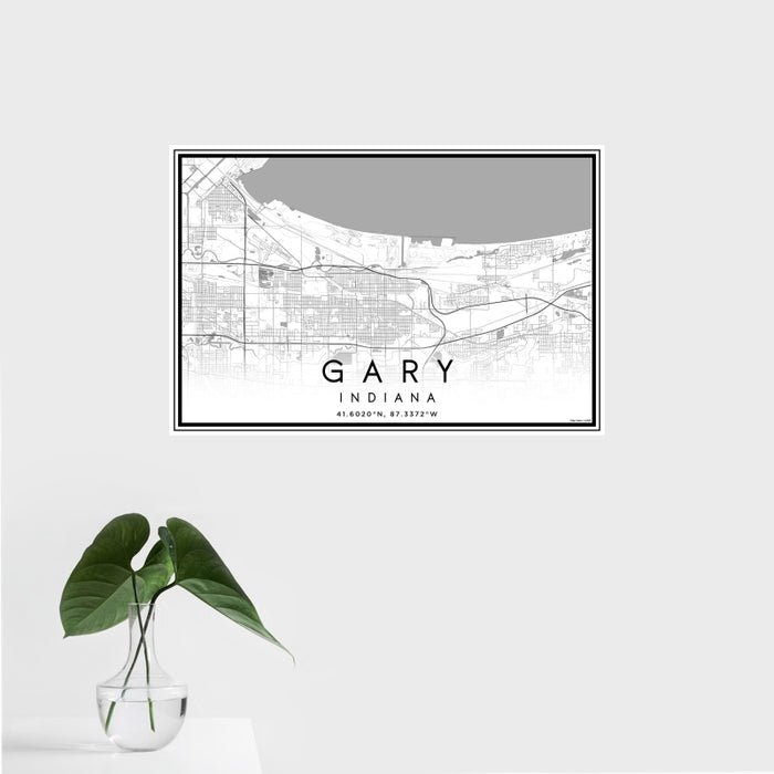 16x24 Gary Indiana Map Print Landscape Orientation in Classic Style With Tropical Plant Leaves in Water