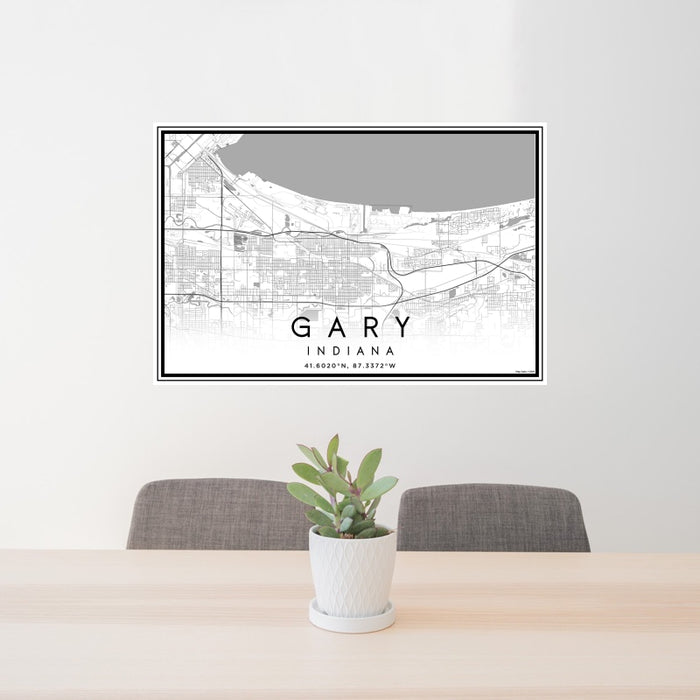 24x36 Gary Indiana Map Print Landscape Orientation in Classic Style Behind 2 Chairs Table and Potted Plant