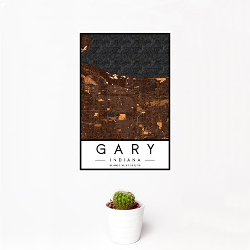 12x18 Gary Indiana Map Print Portrait Orientation in Ember Style With Small Cactus Plant in White Planter
