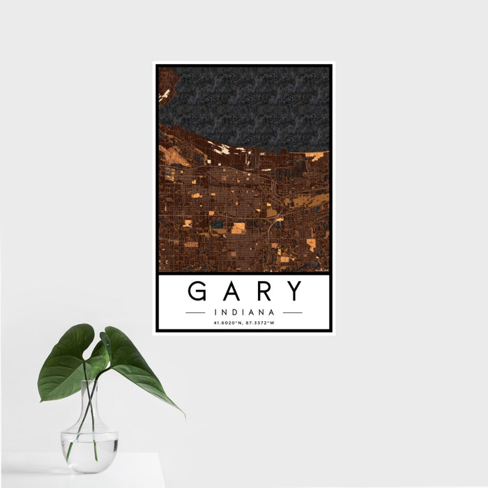 16x24 Gary Indiana Map Print Portrait Orientation in Ember Style With Tropical Plant Leaves in Water