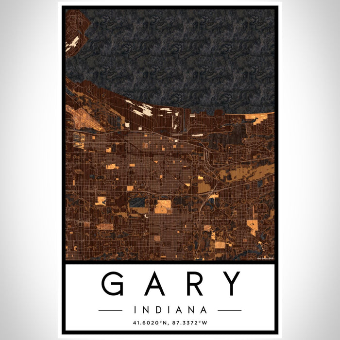 Gary Indiana Map Print Portrait Orientation in Ember Style With Shaded Background