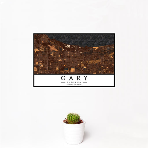 12x18 Gary Indiana Map Print Landscape Orientation in Ember Style With Small Cactus Plant in White Planter