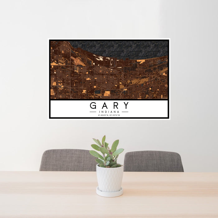 24x36 Gary Indiana Map Print Landscape Orientation in Ember Style Behind 2 Chairs Table and Potted Plant