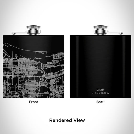 Rendered View of Gary Indiana Map Engraving on 6oz Stainless Steel Flask in Black