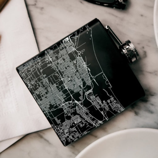 Gary Indiana Custom Engraved City Map Inscription Coordinates on 6oz Stainless Steel Flask in Black