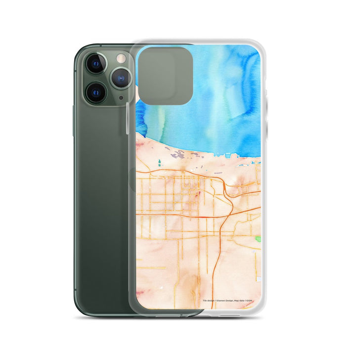 Custom Gary Indiana Map Phone Case in Watercolor on Table with Laptop and Plant