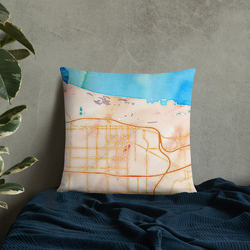 Custom Gary Indiana Map Throw Pillow in Watercolor on Bedding Against Wall