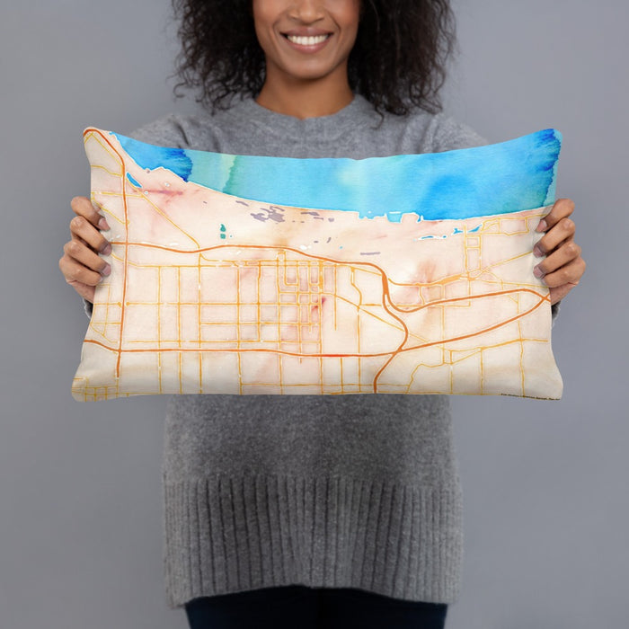 Person holding 20x12 Custom Gary Indiana Map Throw Pillow in Watercolor