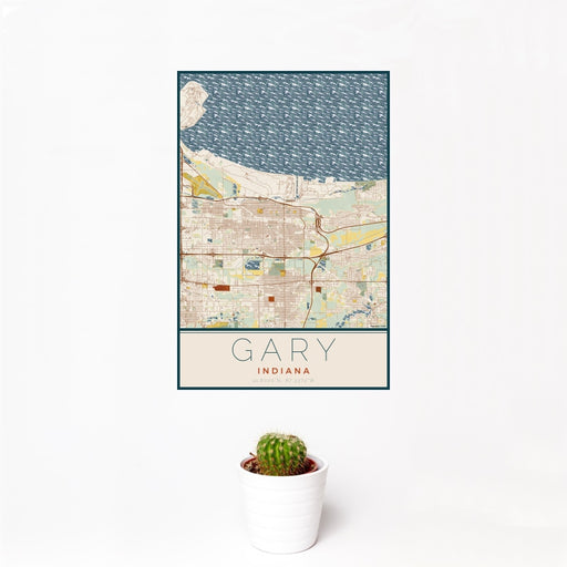 12x18 Gary Indiana Map Print Portrait Orientation in Woodblock Style With Small Cactus Plant in White Planter