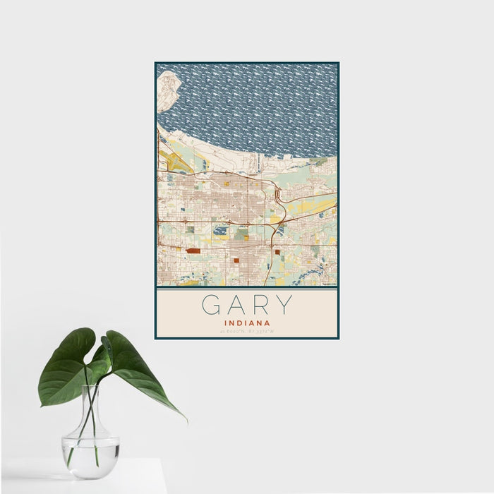 16x24 Gary Indiana Map Print Portrait Orientation in Woodblock Style With Tropical Plant Leaves in Water
