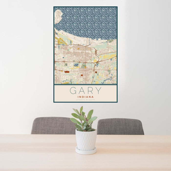 24x36 Gary Indiana Map Print Portrait Orientation in Woodblock Style Behind 2 Chairs Table and Potted Plant
