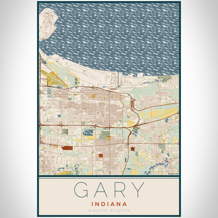 Gary Indiana Map Print Portrait Orientation in Woodblock Style With Shaded Background