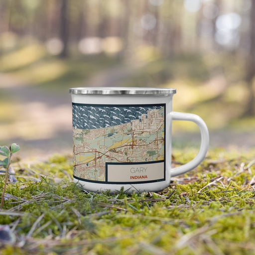 Right View Custom Gary Indiana Map Enamel Mug in Woodblock on Grass With Trees in Background