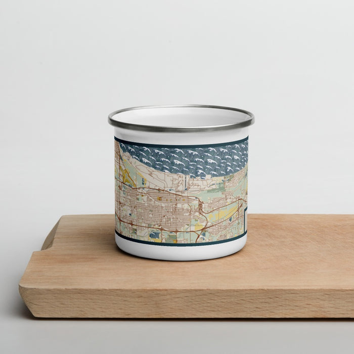 Front View Custom Gary Indiana Map Enamel Mug in Woodblock on Cutting Board