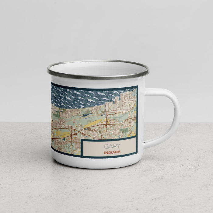Right View Custom Gary Indiana Map Enamel Mug in Woodblock