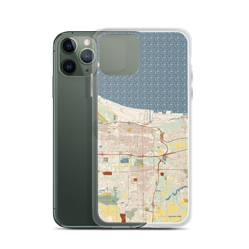 Custom Gary Indiana Map Phone Case in Woodblock on Table with Laptop and Plant