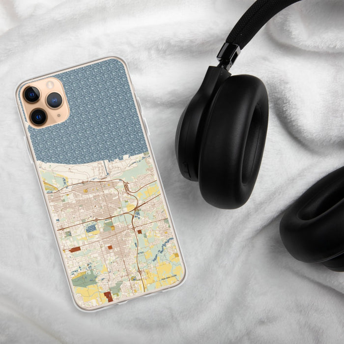 Custom Gary Indiana Map Phone Case in Woodblock on Table with Black Headphones