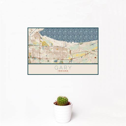 12x18 Gary Indiana Map Print Landscape Orientation in Woodblock Style With Small Cactus Plant in White Planter