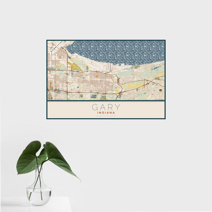 16x24 Gary Indiana Map Print Landscape Orientation in Woodblock Style With Tropical Plant Leaves in Water