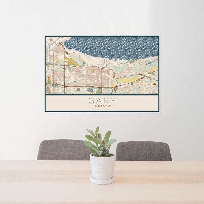 24x36 Gary Indiana Map Print Landscape Orientation in Woodblock Style Behind 2 Chairs Table and Potted Plant
