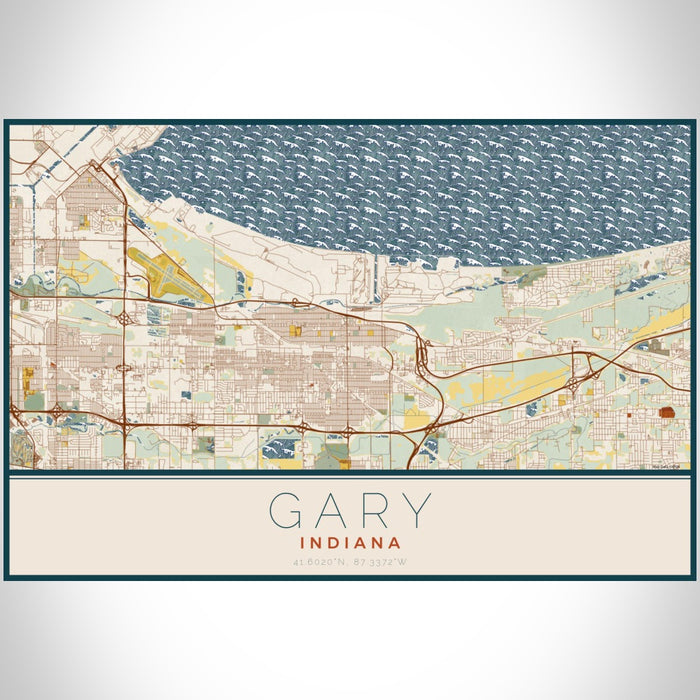 Gary Indiana Map Print Landscape Orientation in Woodblock Style With Shaded Background