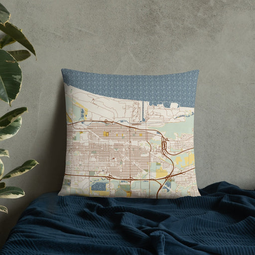 Custom Gary Indiana Map Throw Pillow in Woodblock on Bedding Against Wall