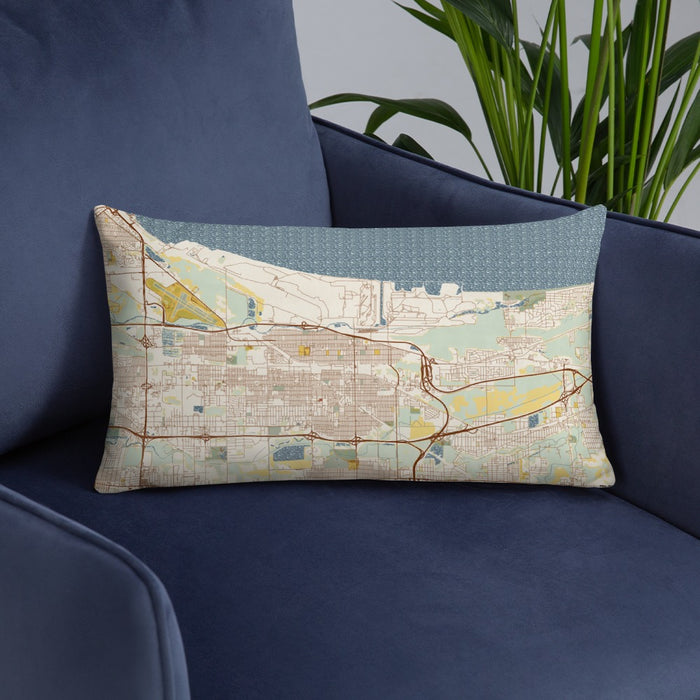 Custom Gary Indiana Map Throw Pillow in Woodblock on Blue Colored Chair