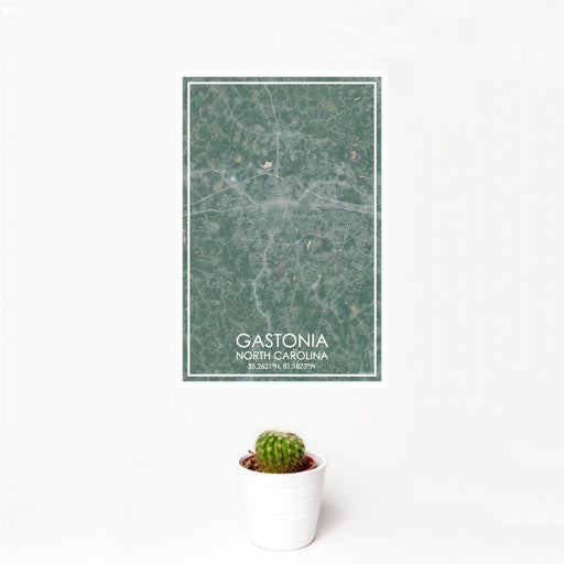 12x18 Gastonia North Carolina Map Print Portrait Orientation in Afternoon Style With Small Cactus Plant in White Planter