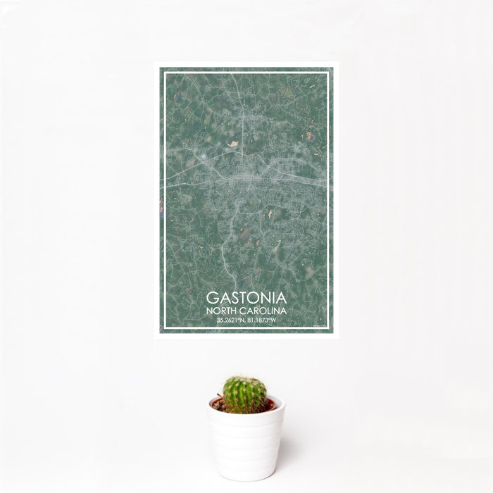 12x18 Gastonia North Carolina Map Print Portrait Orientation in Afternoon Style With Small Cactus Plant in White Planter
