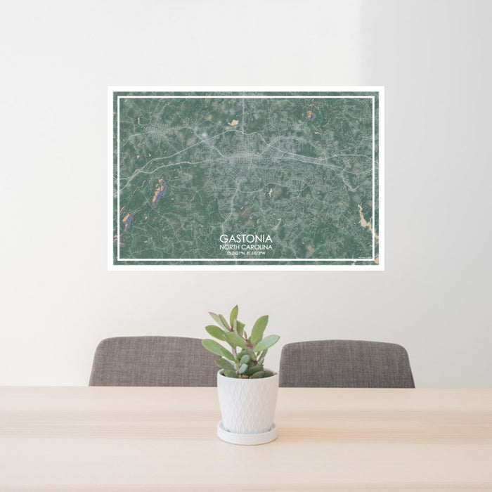 24x36 Gastonia North Carolina Map Print Lanscape Orientation in Afternoon Style Behind 2 Chairs Table and Potted Plant